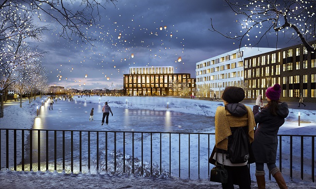 De nieuwe woonwijk in de nacht. © LEVS architecten