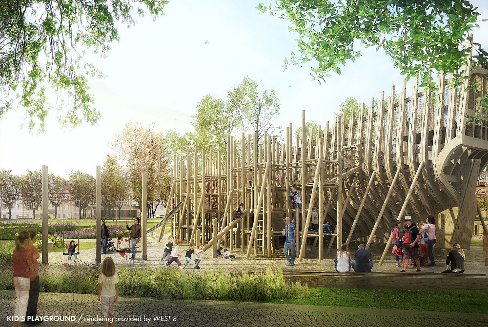 De speelplaats in de vorm van een fregat. Rendering door West 8
