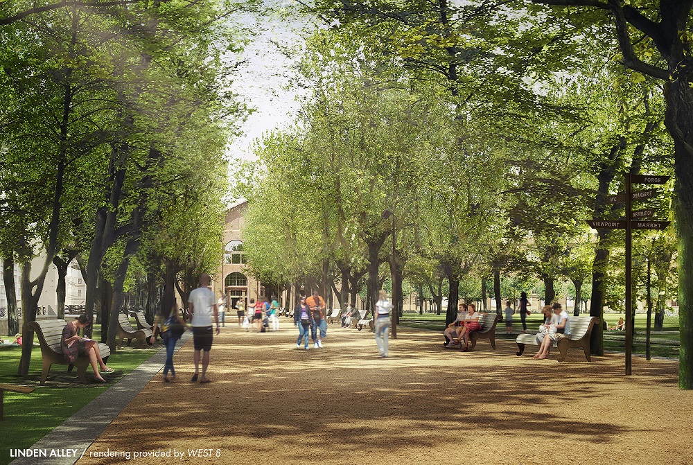 Deel van het nieuwe park. Rendering door West 8