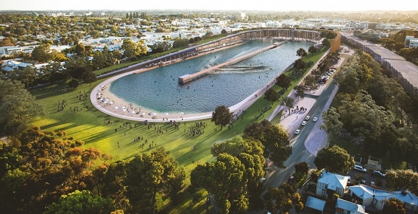 Het Subi Surf Park maakt surfen in de binnenstad mogelijk. Beeld via MJA Studio